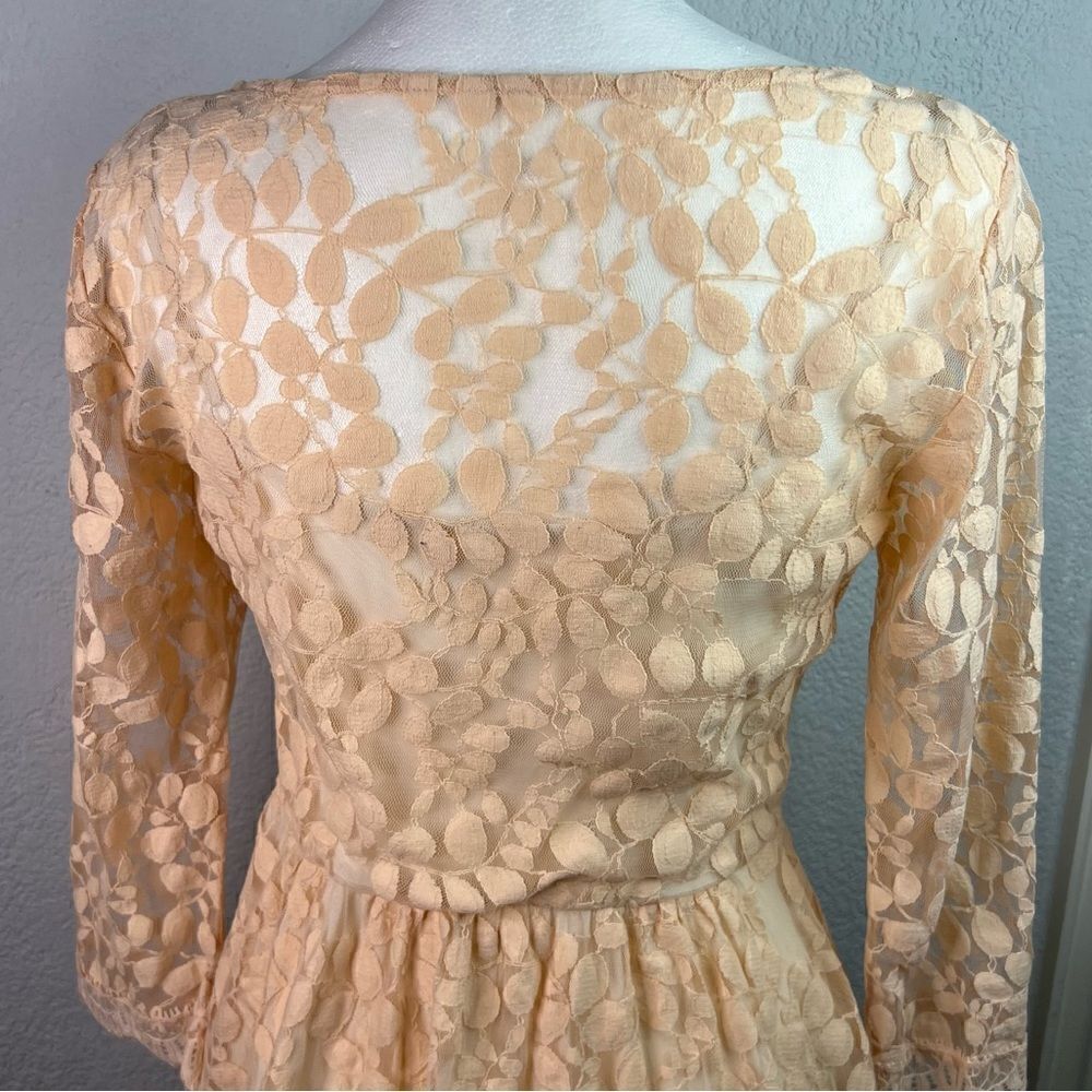 Free People Floral Mesh Lace Peach Lined Long Sleeve High Low Mini Dress Sz S - Picture 6 of 15